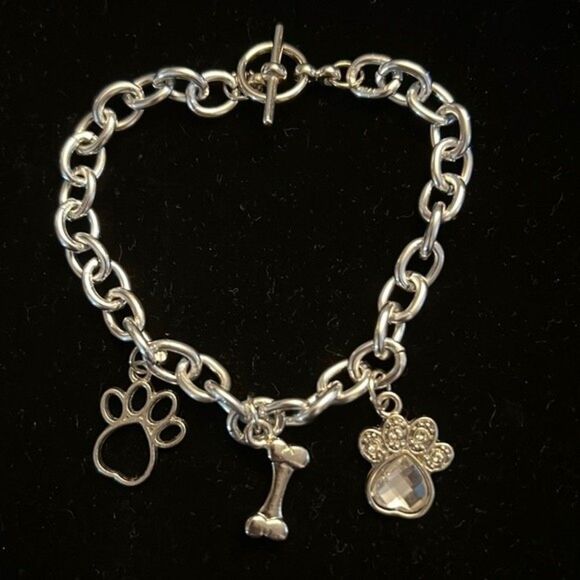 Dog paw and bone charm bracelet- Handcrafted silver tone - Picture 1 of 3